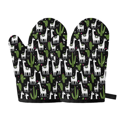 Cactus And Llama Pattern Print Oven Mitts