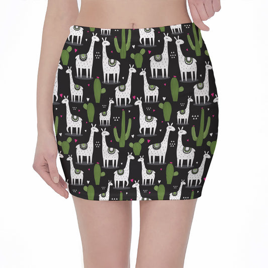 Cactus And Llama Pattern Print Pencil Mini Skirt