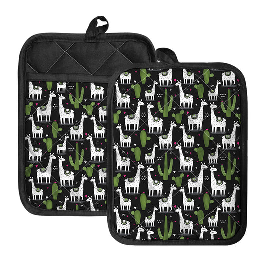 Cactus And Llama Pattern Print Pot Holders With Pocket