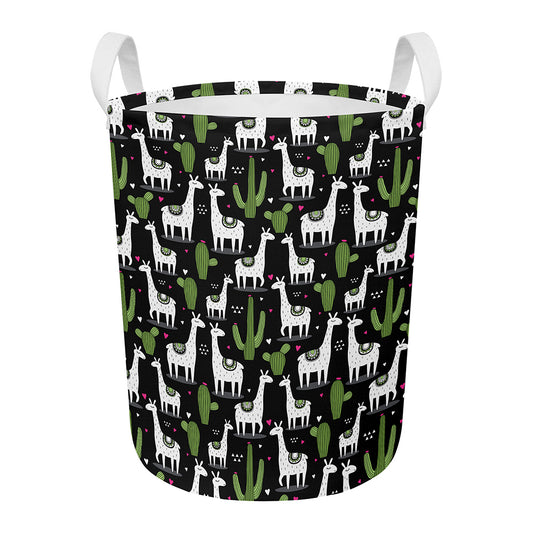 Cactus And Llama Pattern Print Round Laundry Basket