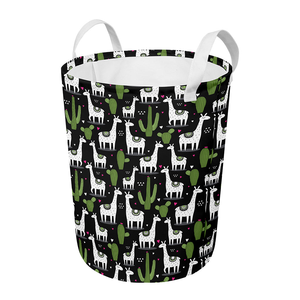 Cactus And Llama Pattern Print Round Laundry Basket