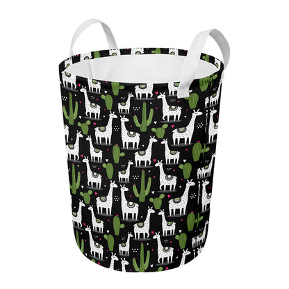 Cactus And Llama Pattern Print Round Laundry Basket
