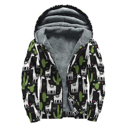 Cactus And Llama Pattern Print Sherpa Lined Zip Up Hoodie