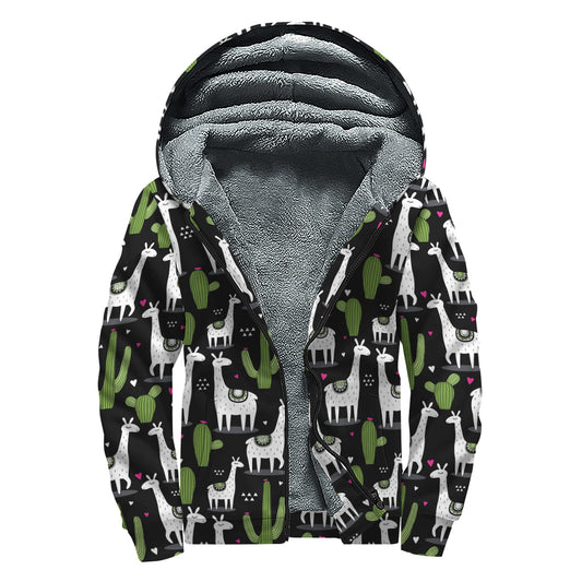 Cactus And Llama Pattern Print Sherpa Lined Zip Up Hoodie
