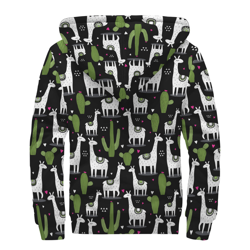 Cactus And Llama Pattern Print Sherpa Lined Zip Up Hoodie