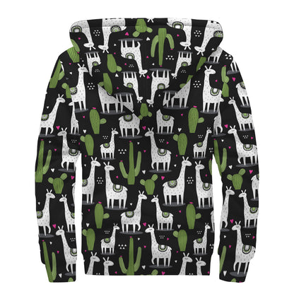 Cactus And Llama Pattern Print Sherpa Lined Zip Up Hoodie