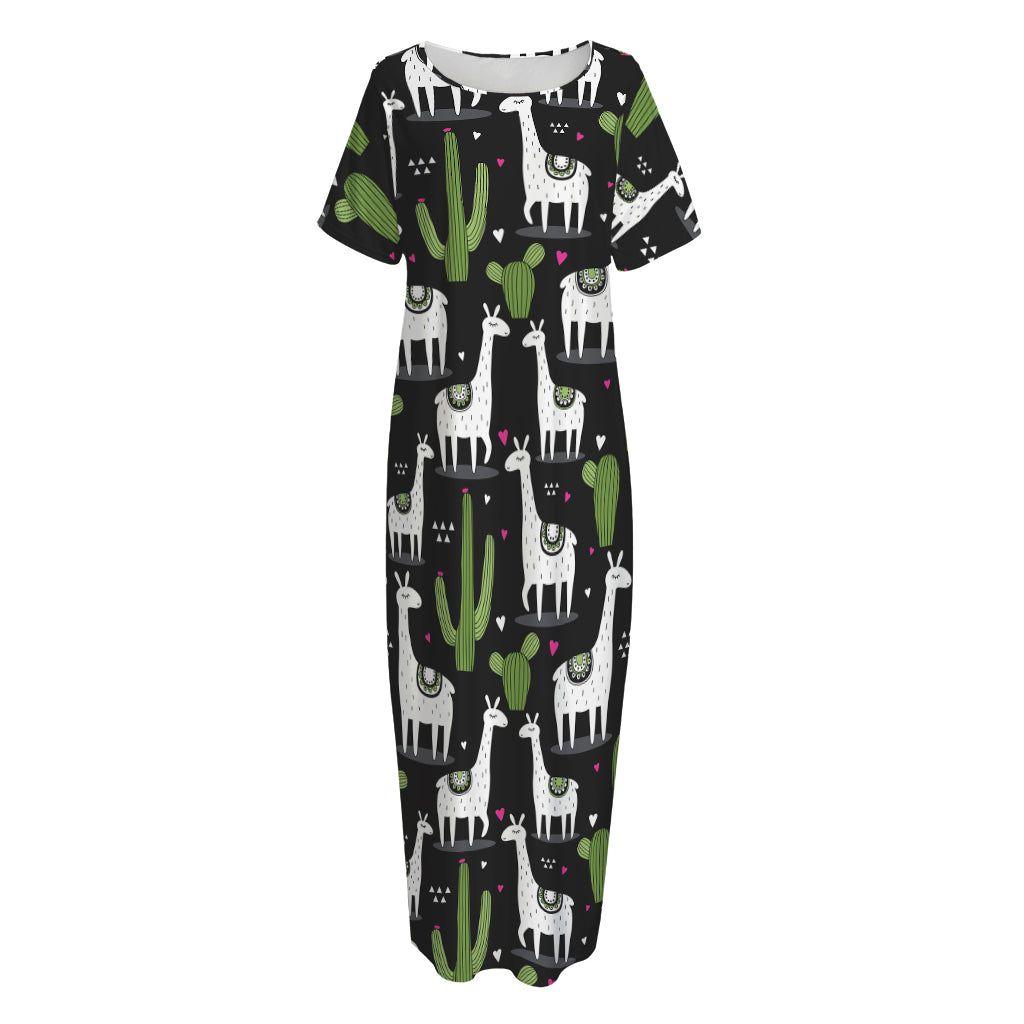 Cactus And Llama Pattern Print Short Sleeve Long Nightdress