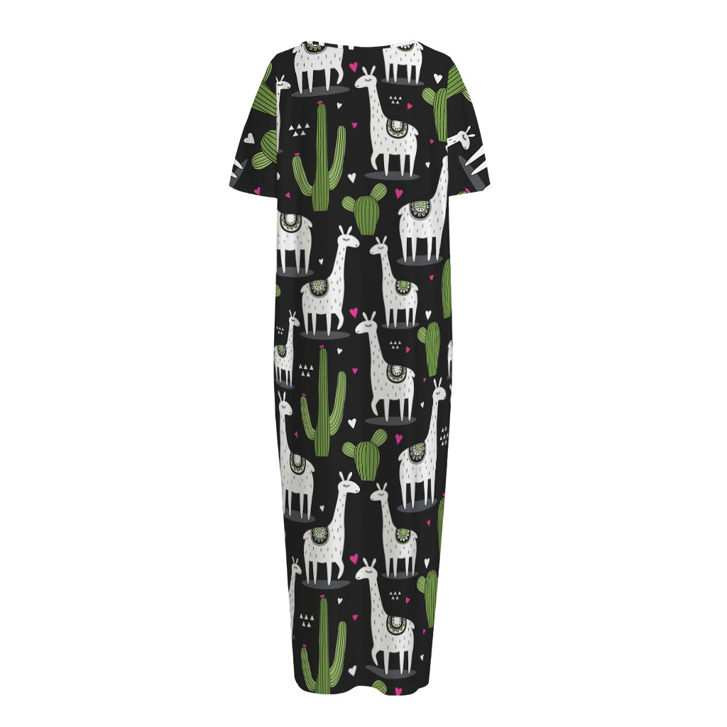 Cactus And Llama Pattern Print Short Sleeve Long Nightdress