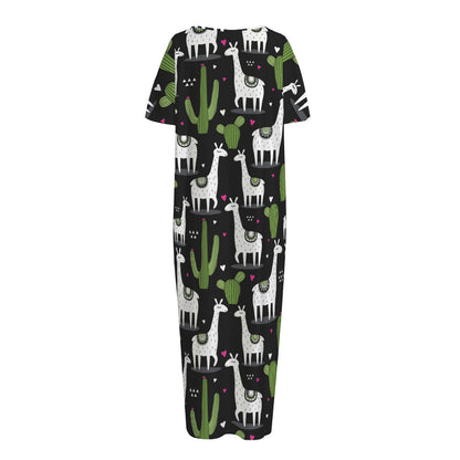 Cactus And Llama Pattern Print Short Sleeve Long Nightdress