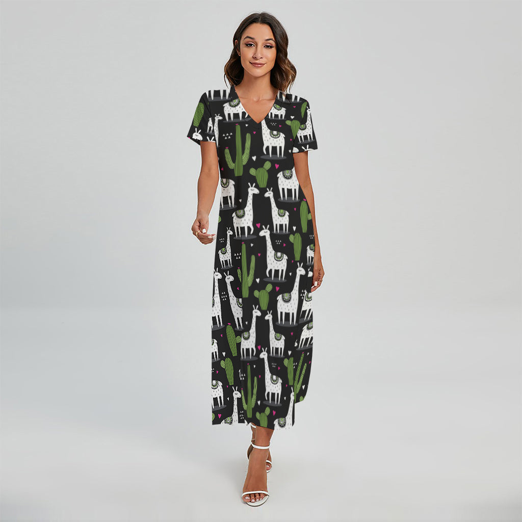 Cactus And Llama Pattern Print Short Sleeve Maxi Dress