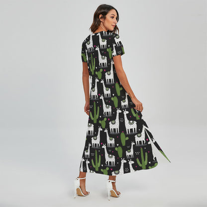Cactus And Llama Pattern Print Short Sleeve Maxi Dress