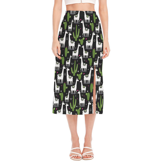 Cactus And Llama Pattern Print Side Slit Midi Skirt