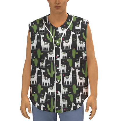 Cactus And Llama Pattern Print Sleeveless Baseball Jersey