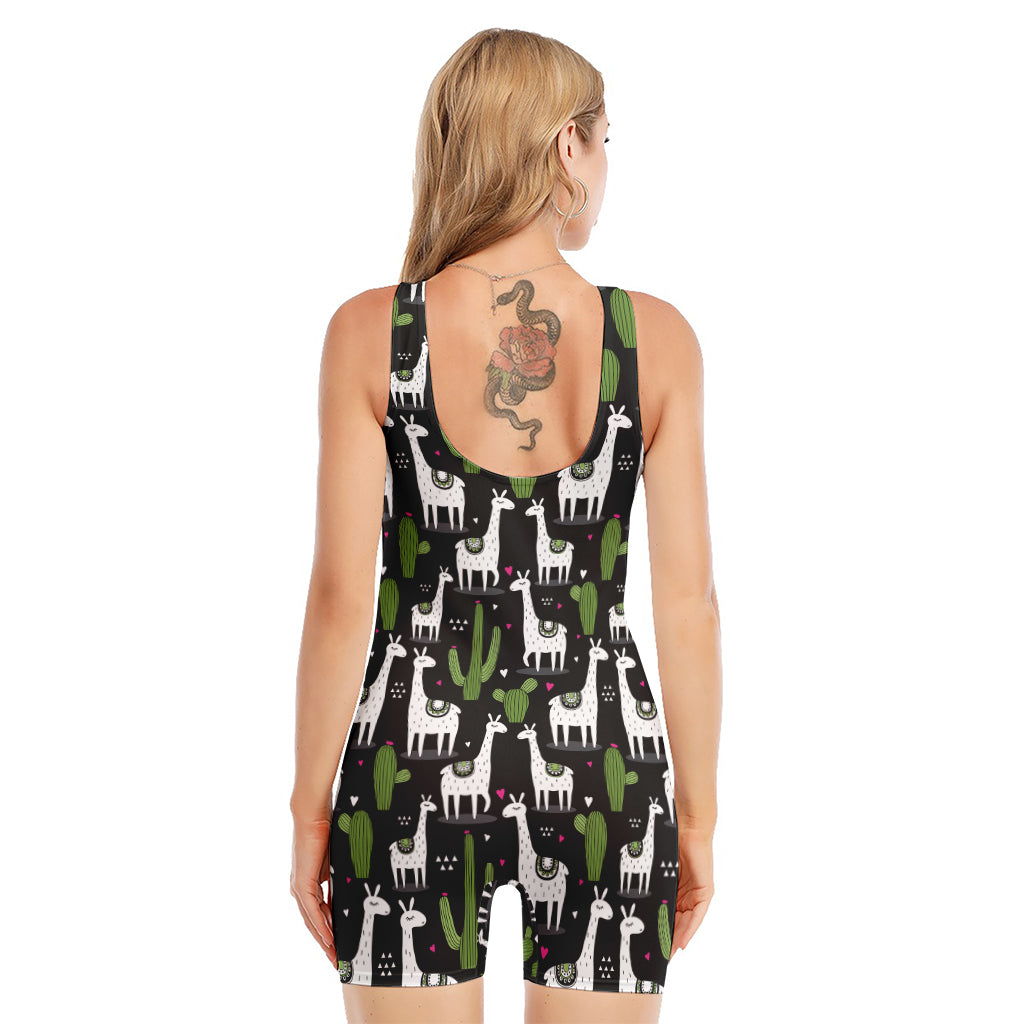 Cactus And Llama Pattern Print Sleeveless One Piece Swimsuit