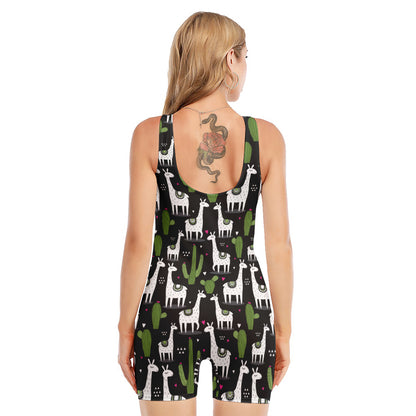 Cactus And Llama Pattern Print Sleeveless One Piece Swimsuit