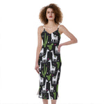 Cactus And Llama Pattern Print Slim Fit Midi Cami Dress