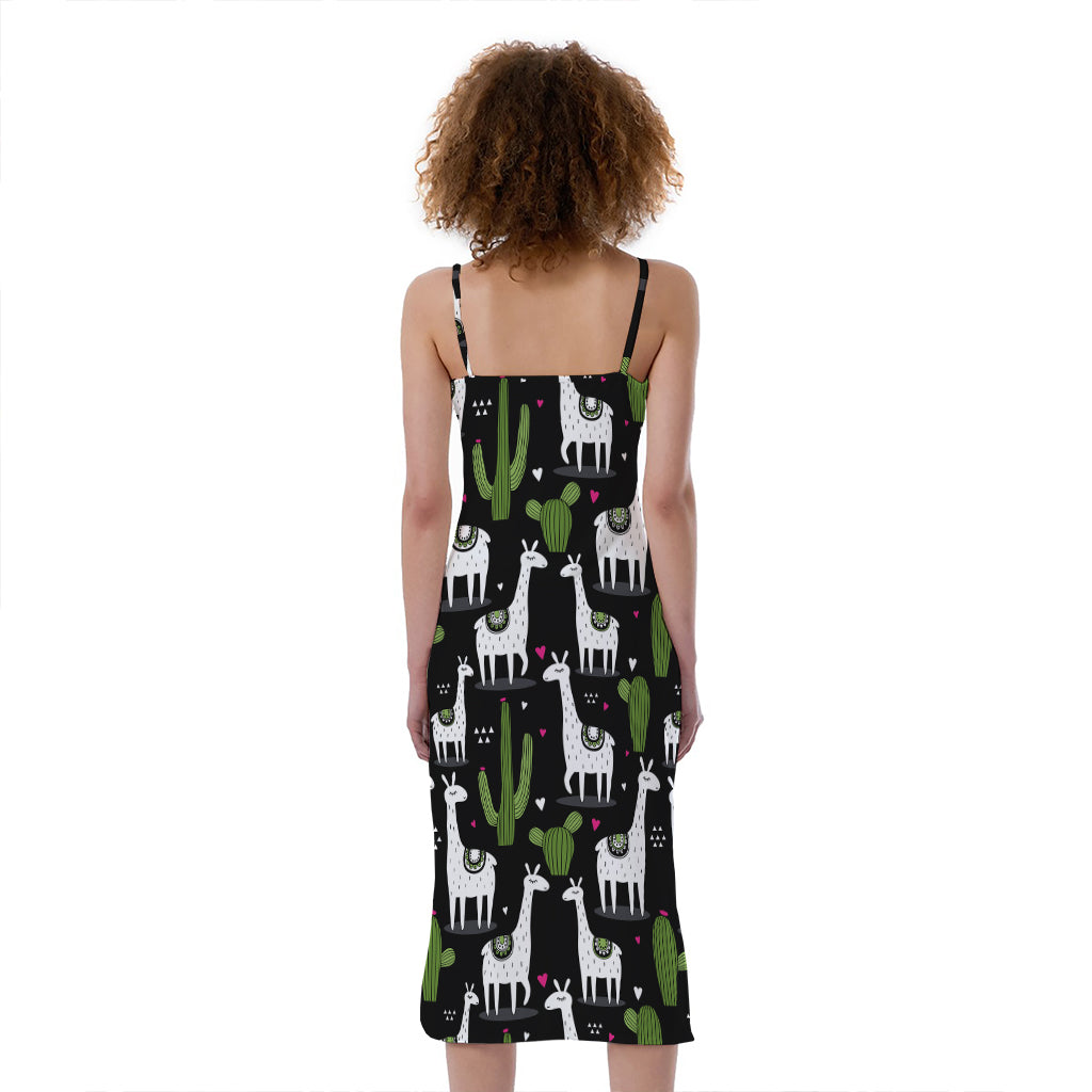 Cactus And Llama Pattern Print Slim Fit Midi Cami Dress