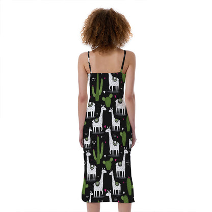 Cactus And Llama Pattern Print Slim Fit Midi Cami Dress