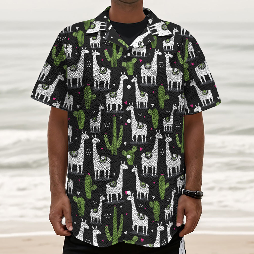 Cactus And Llama Pattern Print Textured Short Sleeve Shirt