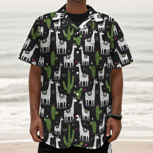 Cactus And Llama Pattern Print Textured Short Sleeve Shirt