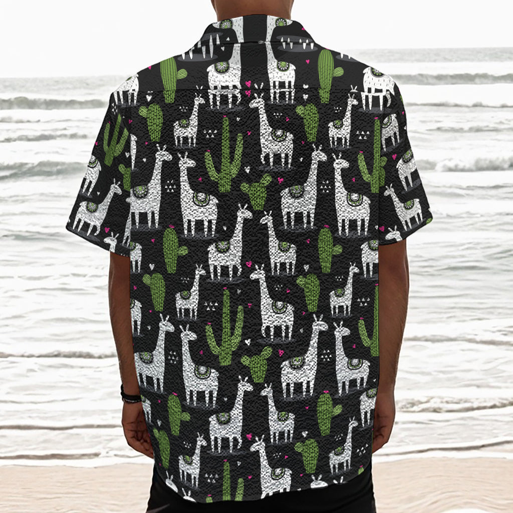 Cactus And Llama Pattern Print Textured Short Sleeve Shirt