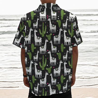 Cactus And Llama Pattern Print Textured Short Sleeve Shirt
