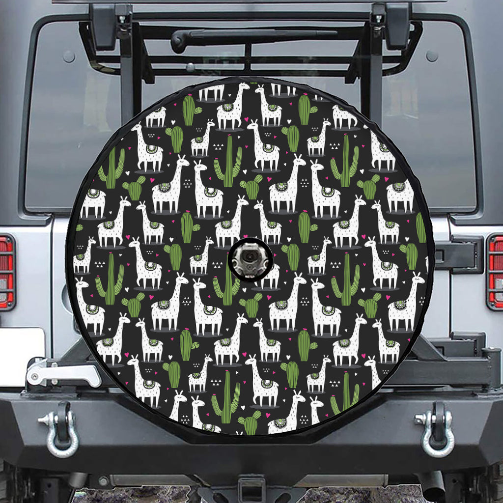 Cactus And Llama Pattern Print Tire Cover With Camera Hole