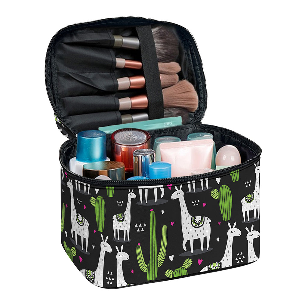 Cactus And Llama Pattern Print Travel Makeup Bag