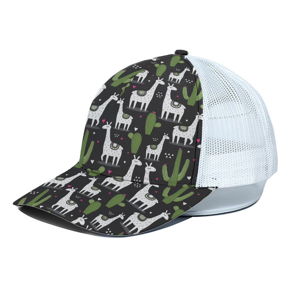 Cactus And Llama Pattern Print White Mesh Trucker Cap