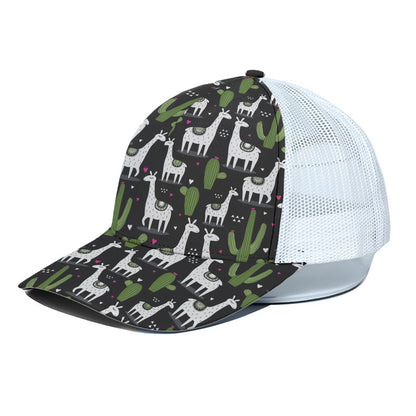 Cactus And Llama Pattern Print White Mesh Trucker Cap
