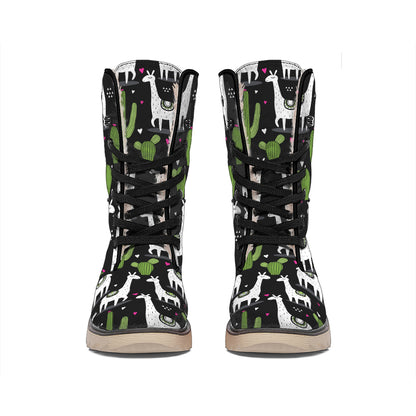 Cactus And Llama Pattern Print Winter Boots
