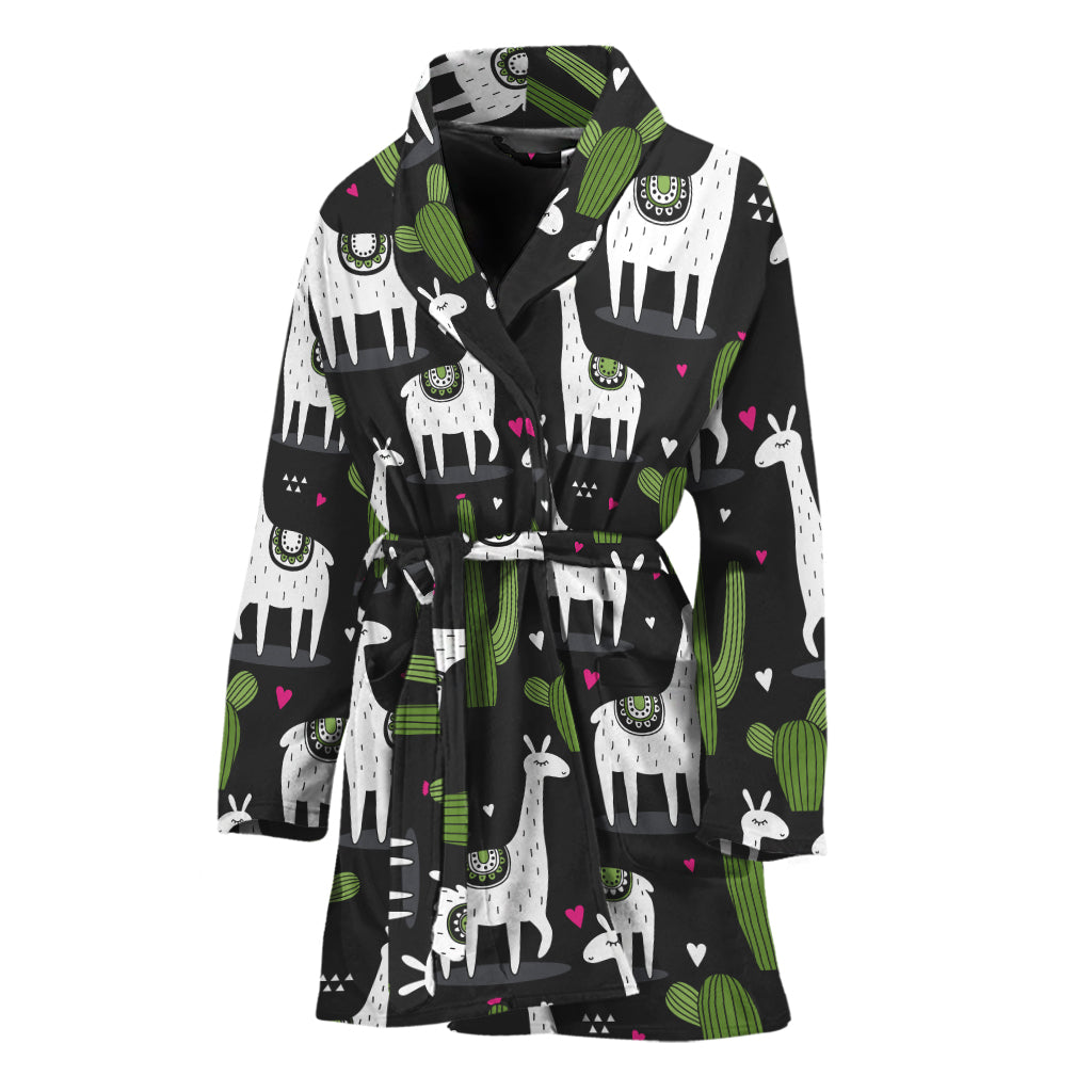 Cactus And Llama Pattern Print Women's Bathrobe