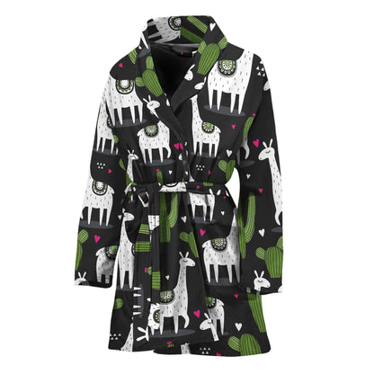 Cactus And Llama Pattern Print Women's Bathrobe