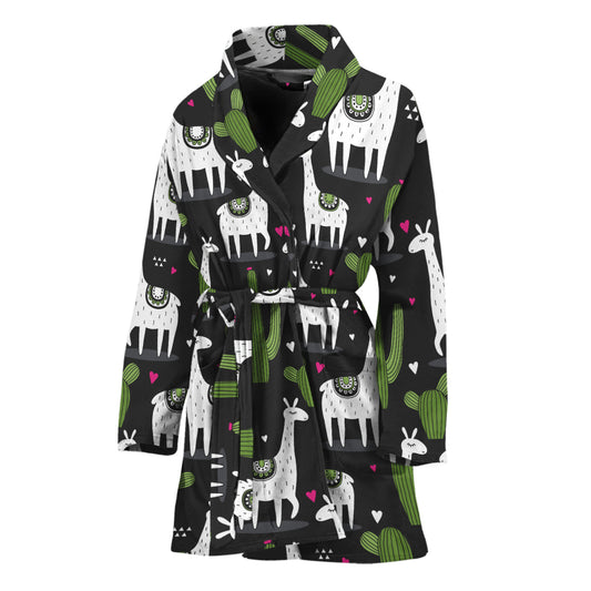 Cactus And Llama Pattern Print Women's Bathrobe