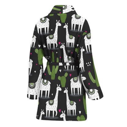 Cactus And Llama Pattern Print Women's Bathrobe
