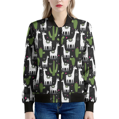 Cactus And Llama Pattern Print Women's Bomber Jacket