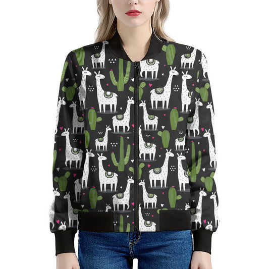 Cactus And Llama Pattern Print Women's Bomber Jacket