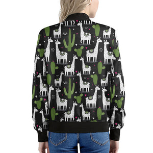 Cactus And Llama Pattern Print Women's Bomber Jacket