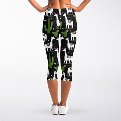 Cactus And Llama Pattern Print Women's Capri Leggings