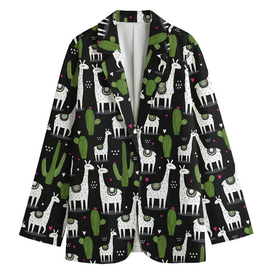 Cactus And Llama Pattern Print Women's Cotton Blazer