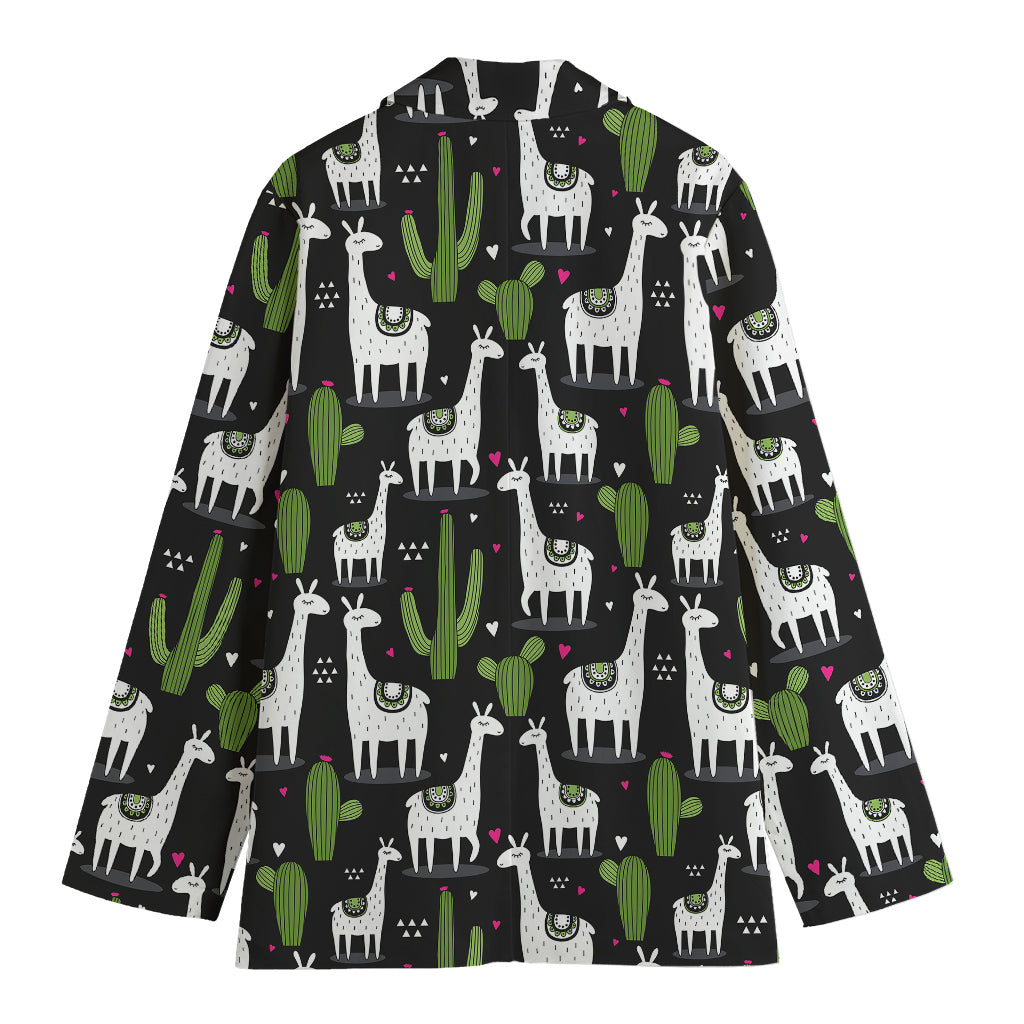 Cactus And Llama Pattern Print Women's Cotton Blazer