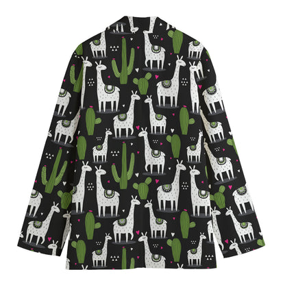 Cactus And Llama Pattern Print Women's Cotton Blazer