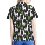 Cactus And Llama Pattern Print Women's Polo Shirt