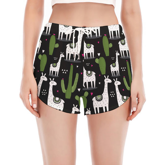 Cactus And Llama Pattern Print Women's Split Running Shorts