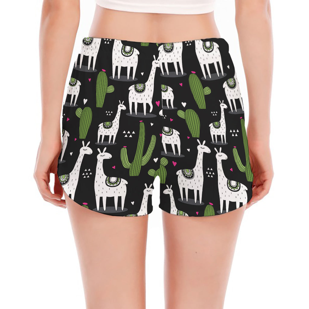 Cactus And Llama Pattern Print Women's Split Running Shorts