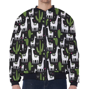 Cactus And Llama Pattern Print Zip Sleeve Bomber Jacket