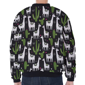 Cactus And Llama Pattern Print Zip Sleeve Bomber Jacket