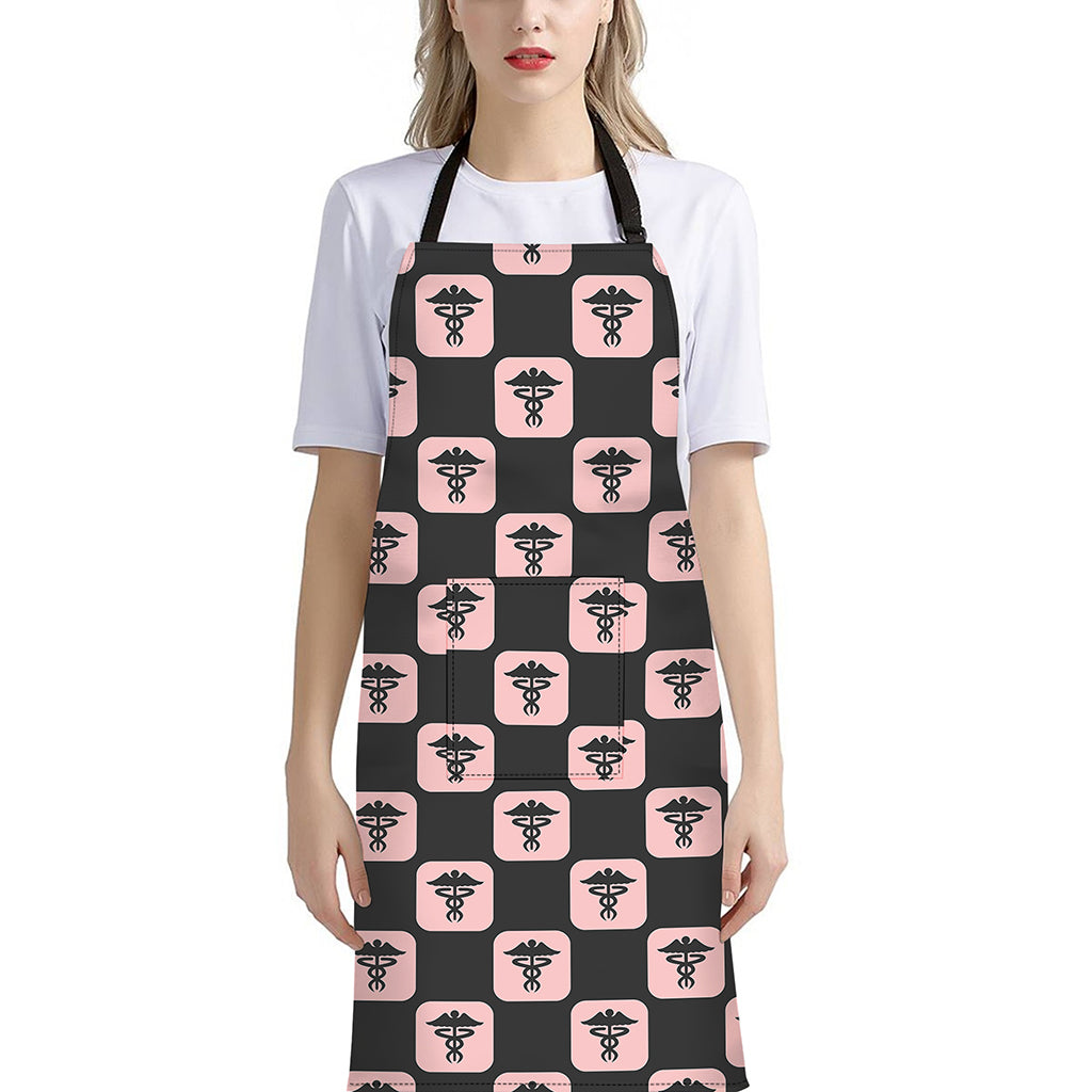 Caduceus Pattern Print Bib Apron With Pocket