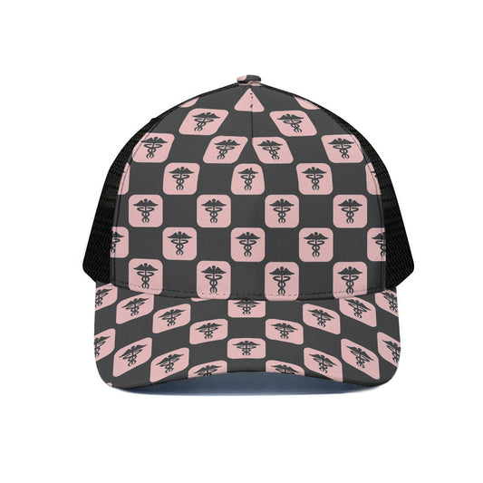 Caduceus Pattern Print Black Mesh Trucker Cap
