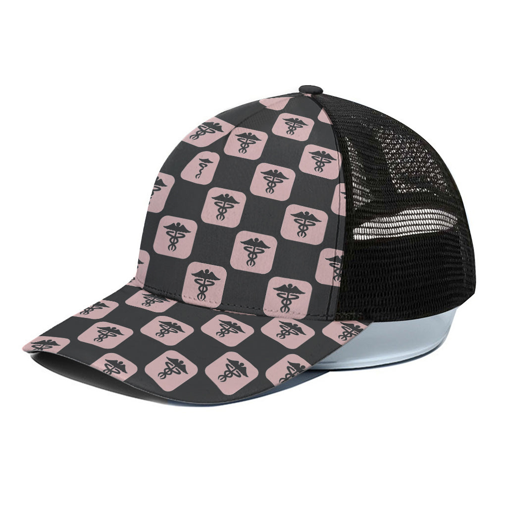 Caduceus Pattern Print Black Mesh Trucker Cap